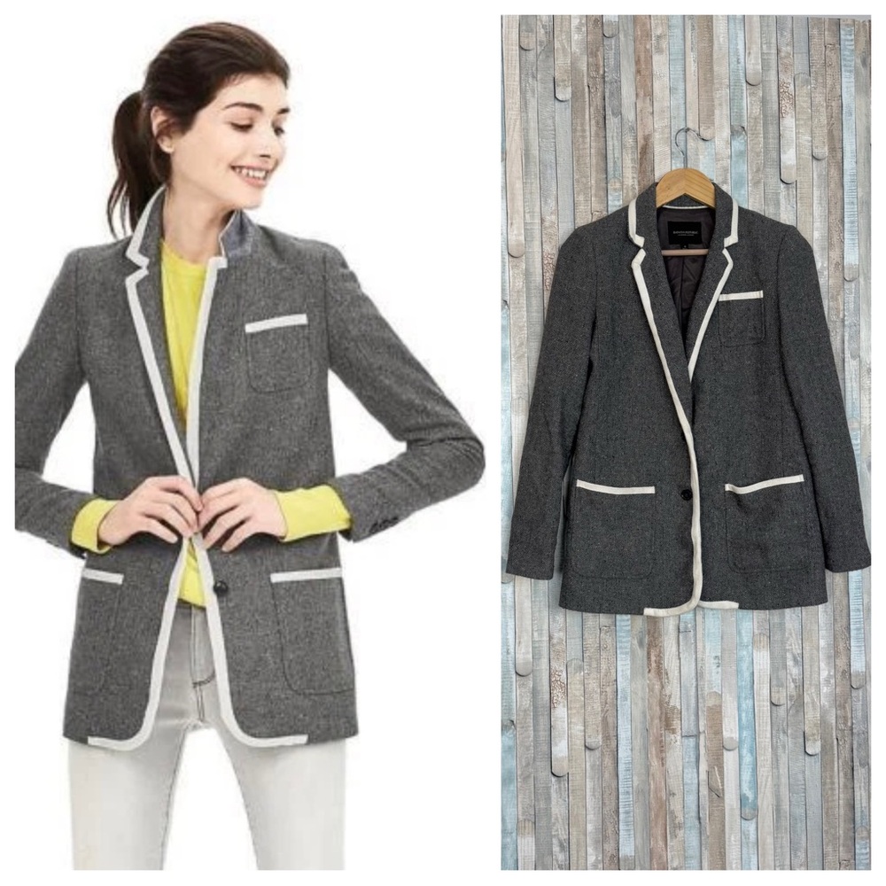 Banana Republic 4 Piped Jacket Blazer‎ Button Tailored Career Wool Tweed